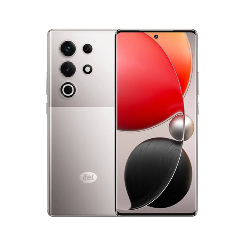 itel S25 Ultra in meteor titanium, back and front with a red and black wallpaper